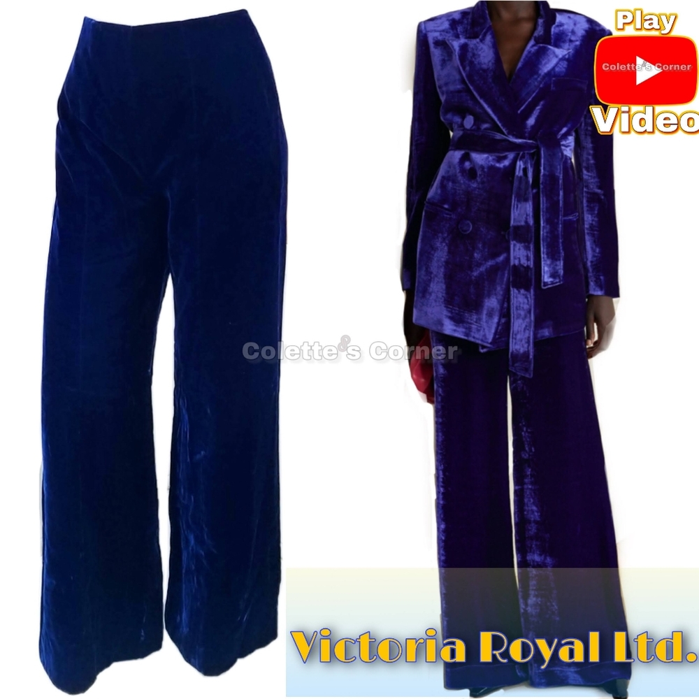 Vintage Victoria Royal LTD Navy Blue Velvet Wide Leg Silk Lined Pants